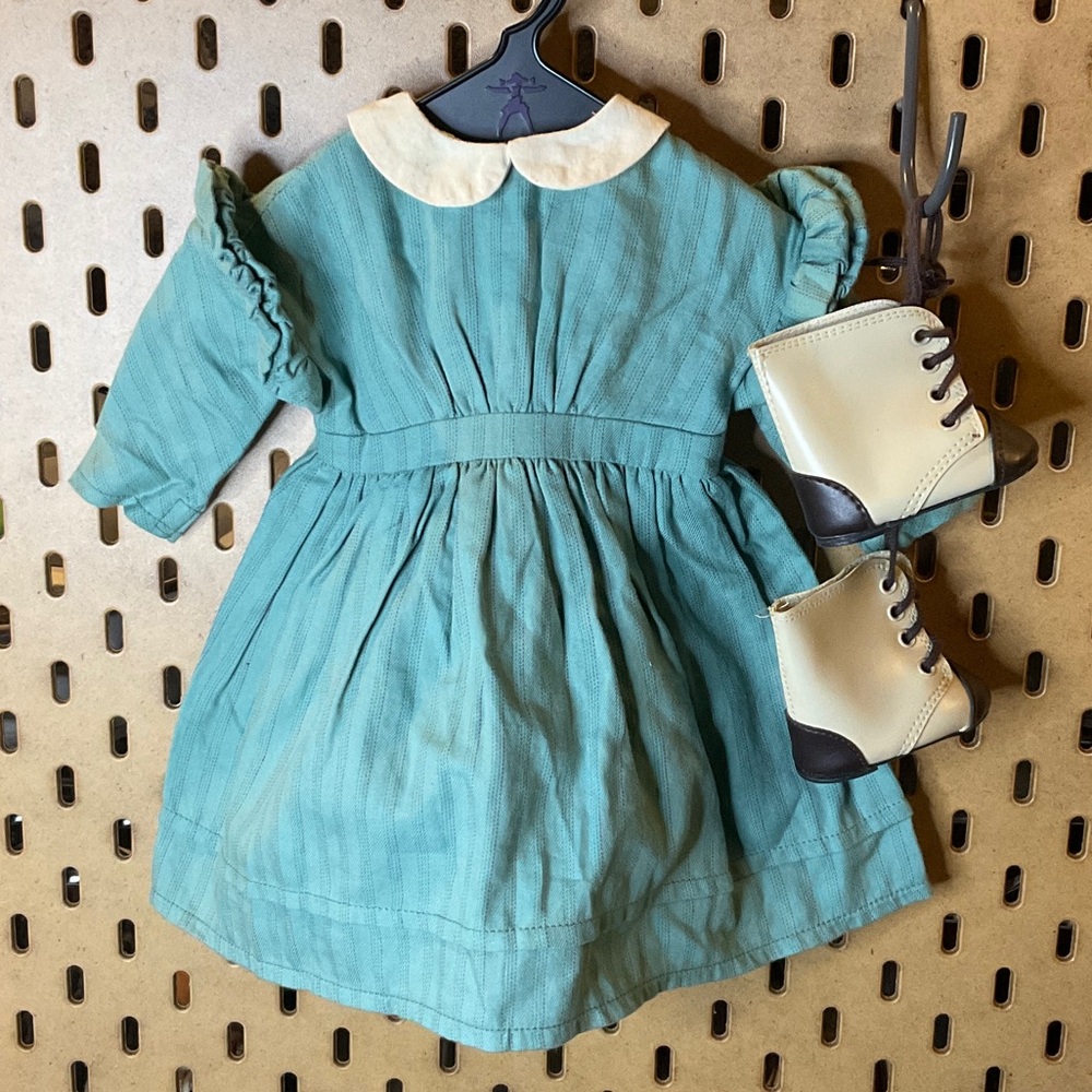 American girl doll outfit Kirsten’s work dress - teal dress with cream boots
